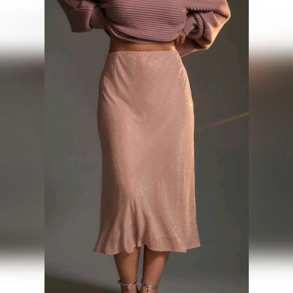 ♧ Antropologie Iridescent Pink Rhinestone Midi Skirt Size Medium